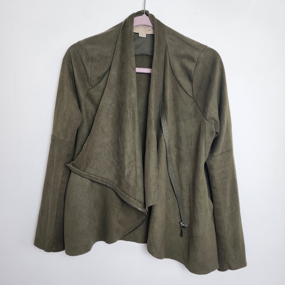 Ethereal Draped Faux Suede Moto Olive Green Cascading Women's Jacket   Size M
